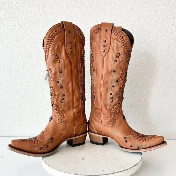 Wide calf friendly Tan Heeled Boots with Intricate Detailing - Picture 7 of 10